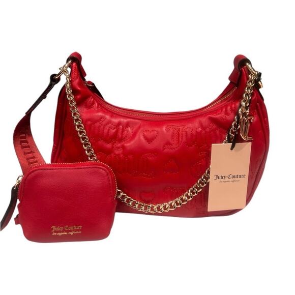Juicy Couture Red Puff Quilted Half Moon Gold Chain Link Purse Coin Purse Set - Picture 11 of 11